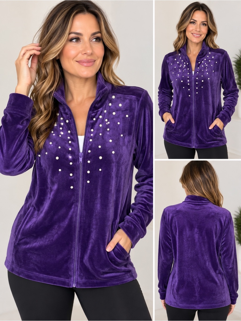Sag Harbor Sport Purple Velour Pearl Embellished Zip Jacket M